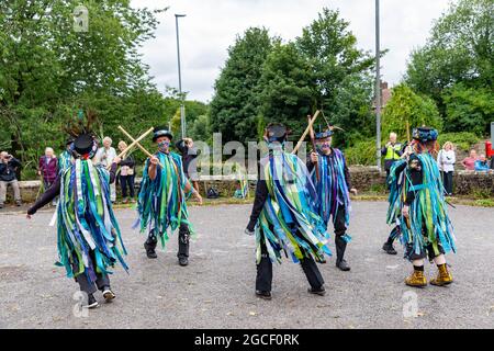 Warrington, Großbritannien. August 2021. Die alte Tradition von Lymm Rushbearing wurde mit einer Prozession aus dem Dorfzentrum wiederbelebt, die sich gegen 4 Uhr in der Nähe des Unteren Staudamms versammelt und dann den Dingle verarbeitet. Das Festival endete mit einem Gottesdienst in der St. Mary's Church Credit: John Hopkins/Alamy Live News Stockfoto