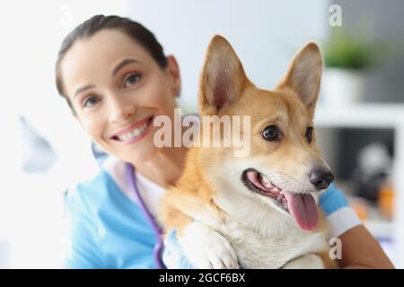 Lächelnde Tierärztin hält schönen Hund in den Armen Stockfoto
