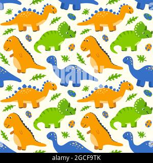 Nahtloses Muster mit niedlichen Cartoon-Dinosauriern und Eiern. Kinder Hintergrund mit handgezeichneten Dinos und grünen Palmenblättern. Vektor-Tapete für Kinder. Stock Vektor