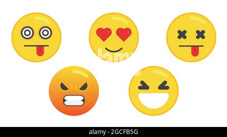 Set mit fünf Emoticons. Flache Emoji-Gesichter. Isolierte Vektorgrafik auf weißem Hintergrund Stock Vektor