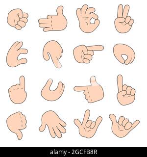 Cartoon-Hände in verschiedenen Gesten gesetzt. Hände zeigen Zeichen. Verschiedene Handpositionen, isoliert auf weißem Hintergrund. Symbolsatz für Vektorgrafik. Stock Vektor