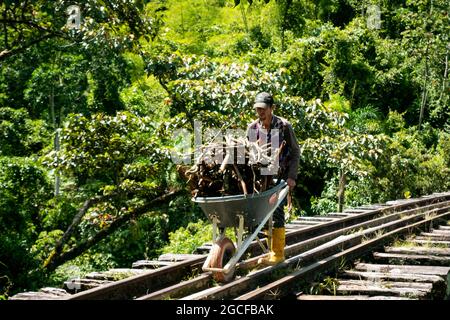 Amada, Antioquia, Kolumbien - Juli 18 2021: Latin man geht über die Brücke der alten Rustikalen Eisenbahn mit einer Schubkarre voller Protokolle, im Mi Stockfoto