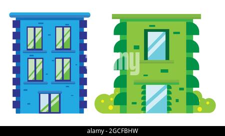 Satz von zwei Wohnhäusern der Stadt. Home Fassade mit Türen, Fenstern und Büschen. Vektorgrafik. Häuser im flachen Stil. Stock Vektor