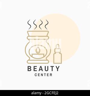 Beauty-Center mit Keramik-Kerze Aroma-Öl-Lampe für Logo, Etikett, Abzeichen, Zeichen, Emblem. Set für Kosmetik, Schmuck, Beauty und handgefertigte Produkte Stock Vektor