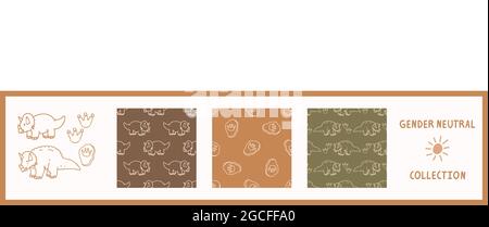 Nahtloser Hintergrund Triceratops Dinosaurier Satz von 3 Mustern mit Motiv. Skurrile minimal erdig 2 Ton Farbe. Kinder Kinderzimmer Tapete oder Boho Cartoon Stock Vektor
