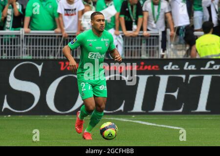 8. August 2021; Stade Geoffroy-Guichard, Saint-&#xc9;tienne, Frankreich. Fußball der französischen Liga 1, ALS Saint Etienne gegen FC Lorient; Yvann Macon Stockfoto