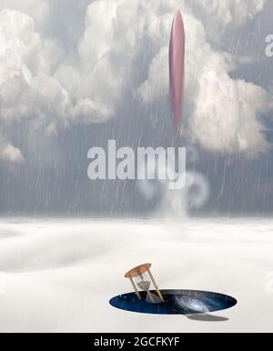 Alien-Raumschiff in surrealen Planeten. Rundes Loch mit Blick auf das Universum. 3D-Rendering Stockfoto