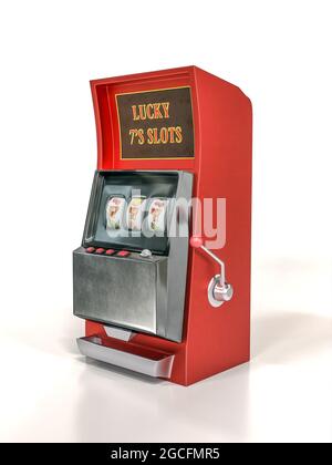 3d-Rendering von rotem Spielautomaten mit glücklichen 777 Zahlen auf weißem Hintergrund Stockfoto