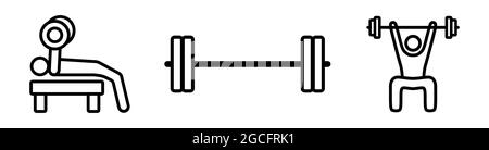 Bankdrücken mit Langhantel Fitnessstudio Umriss Vektor Illustration Icon set Stock Vektor