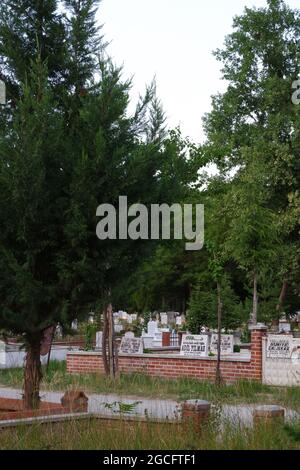 Islamischer Friedhof, Marmorgräber und Grabsteine unter Bäumen Stockfoto