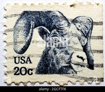 Eine in den USA gedruckte Briefmarke zeigt ein Rocky Mountain Bighorn Sheep (Ovis canadensis Ovis orientalis), eine regelmäßige Ausgabeserie von Mufflons Head, um 19 Stockfoto