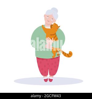 Eine nette alte Dame hält eine dicke rote Katze in ihren Armen. Das Konzept der Liebe für Haustiere, Freundlichkeit und Komfort zu Hause, Freundschaft Mensch und Tier. Vektor-Abb. Stock Vektor