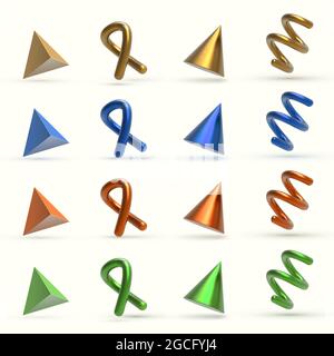Realistische 3D bunte Metall geometrische Formen Objekte. Realistische Geometrieelemente isoliert auf weißem Hintergrund mit metallischem Farbverlauf. Stock Vektor