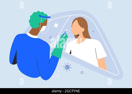 Schneller Drive-Through-PCR-Test auf Covid, Patient im Auto auf Coronavirus getestet, Arzt sammelt Proben mit Tupfer in Maske, Vektorgrafik Stock Vektor