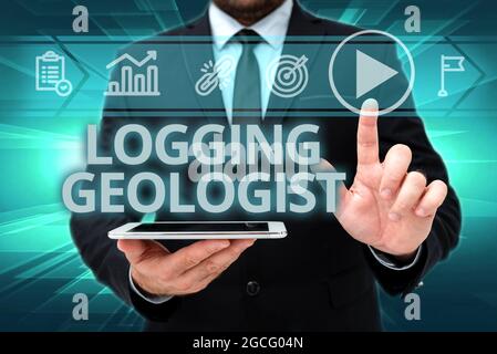 Text mit Inspiration Logging Geologist. Konzeptionelles Foto Layout und Ausführung von Definition Diamantbohrprogrammen man in Office Uniform Standing Stockfoto