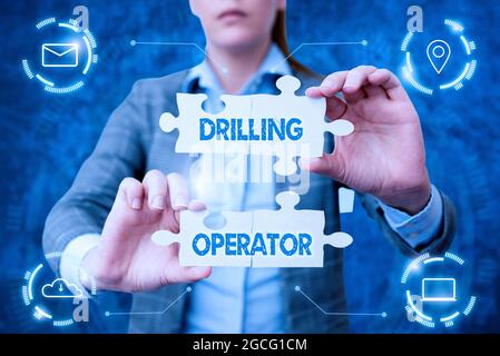 Schreiben mit dem Text Drilling Operator. Wort geschrieben auf jemand, der die Takelage und Bohren Operationen Business Woman Holding Jigsaw Puzzle zu tun Stockfoto