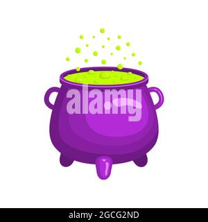 Lila Hexenkessel mit grün sprudelnder Flüssigkeit isoliert auf weißem Hintergrund. Zaubertrank. Hexenausrüstung. Halloween Design-Element. Vektorgrafik Cartoon-Illustration. Stock Vektor