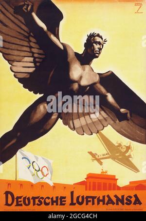 Vintage-Reiseplakat – DEUTSCHLAND – Retro-Werbung für die Olympischen Spiele 1936 in Berlin - Deutsche Lufthansa. Mann mit Flügeln über einem Stadion mit olympischer Flagge. Stockfoto