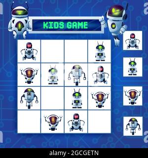 Kinder Sudoku Labyrinth-Spiel, Cartoon-Roboter Vektor-Rätsel mit ai Cyborgs, Humanoids, Drohnen und Androiden Zeichen auf karierten Brett. Logikpuzz. Für Kinder Stock Vektor