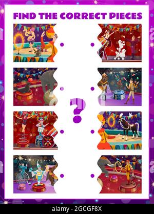 Finden Sie die richtigen Stücke von Zirkus Charaktere Kinder Spiel. Spiel die Hälften Vektor-Test mit Cartoon Clown, Tamer und Tiere. Rätsel für Kinder, Bildung Stock Vektor
