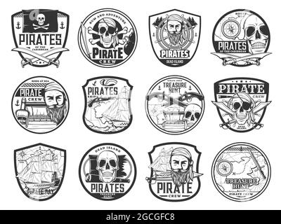 Karibische Piraten- und corsair-isolierte Symbole mit Vektor-Piraten-Kapitän, Karte, Schiff, Schädel, schwarzer Flagge und Augenklappe. Schatzkiste, Boot, Helm und Rum Stock Vektor