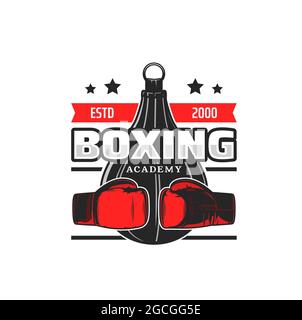 Boxsport Akademie Vektor-Symbol mit Handschuhen und Geschwindigkeit Boxsack von Boxer Sportler, Boxring Seile und Sterne. Sport Bildung rot schwarz Emblem Stock Vektor