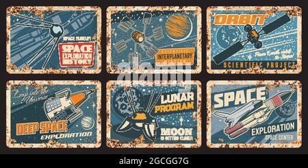 Raumschiffe und Satelliten rostige Platten. Weltraum Exploration Vektor vintage Metall Zeichen. Galaxienforschung, Lunar-Programm wissenschaftliche interplanetare m Stock Vektor