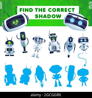 Finden Sie ein Schatten-Kinder-Spiel mit Cartoon-Roboter. Vektor-Rätsel entsprechen korrekte Silhouetten von ai Cyborgs. Kinder Logiktest mit Androiden und künstlichen i Stock Vektor