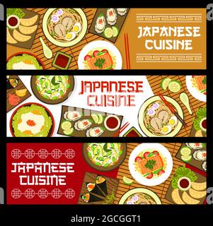 Japanische Küche Banner, Gerichte und Mahlzeiten Menü, Vektor. Japan Restaurant traditionelle Küche, asiatische Weltküche und Gerichte, Sushi, udon-Nudeln Stock Vektor