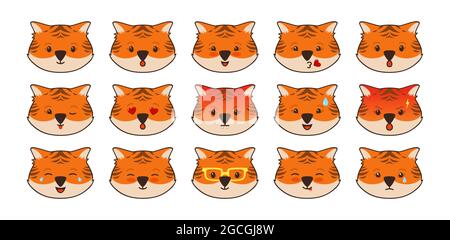 Emoji-Gesichter für Tiger-Tiere sind gesetzt. Charakter Tiger Comic niedlich Cartoon Avatare. Verschiedene Emotionen traurig, weinend, lustig oder wütend, lächelnd Gesichtsikone. MASCOT Kawaii Emoji-Vektor Stock Vektor