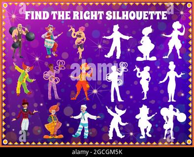 Shadow Match Kinder Spiel mit Zirkus Darsteller. Finden Sie rechts Silhouette Bildung Spiel, Gedächtnis Puzzle und Labyrinth, Logik-Vektor-Rätsel mit shapito Clown ein Stock Vektor