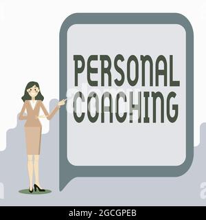 Inspiration zeigt Zeichen Persönliches Coaching. Wort für die Beziehungsvereinbarung zwischen einem Kunden und einem Coach, der wichtige Informationen aufführt Stockfoto