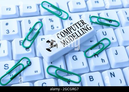Konzeptionelle Bildunterschrift Computermodellierung. Wort geschrieben über die Verwendung eines Computers, um ein Modell eines Plans oder Design Internet Browsing und Online-Forschung zu machen Stockfoto