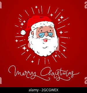weihnachtsmann mit Brille lächelnd Blitz Licht Glanz Zeichen Vektor und fröhliche weihnachten Kalligraphie Typografie Design Stock Vektor