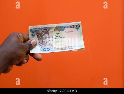 Eine afrikanische Hand, die mehrere Naira-Scheine, Bargeld oder nigrische Währung hält Stockfoto