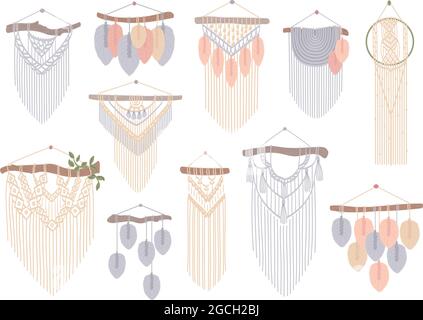 Set von makramen Wandbehängen. Einrichtung im Boho-Stil mit Kordelzug an den Wänden. Handgemachte gestrickte Dekoration, diy Handarbeit. Handgezeichnete Vektorgrafik in flacher Ausführung. Isolierter Hintergrund. Stock Vektor
