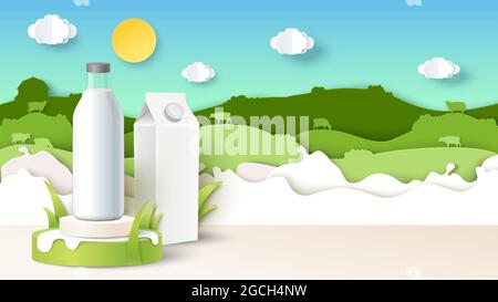 Milchflasche auf dem Podium, Modelle aus Kartonagen, Papierschnitt, Kuhsilhouetten, Vektorgrafik. Natürliches Milchprodukt Stock Vektor