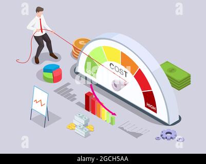 Geschäftsmann dreht Qualitätsmesser Pfeil zurück mit Seil, Vektor isometrische Illustration. Preismanagement. Kostensenkung. Stock Vektor