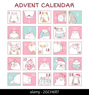 Quadratische Hintergrund mit Weihnachten Adventskalender mit niedlichen Cartoon-Katzen. Set von Winterurlaub Weihnachten Tags mit Zahlen. Vektor EPS8 Stock Vektor