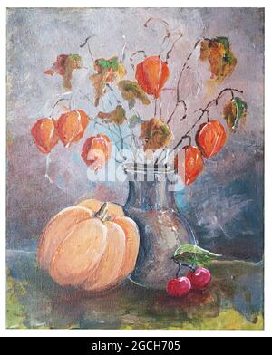 Stillleben im Herbst mit Kürbis und Fezalis mit Acryl bemalt. Isoliert auf Weiß Stockfoto