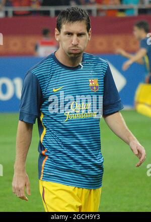 BUKAREST, RUMÄNIEN - 11. AUGUST 2012: Lionel Messi stellte sich als Priro zum Vorsaison-Freundschaftsspiel zwischen Dinamo Bucuresti und dem FC Barcelona in der National Arena vor. Stockfoto