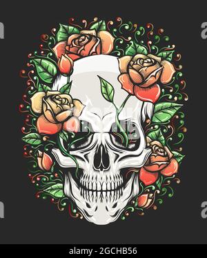 Tattoo von Totenkopf und Rosenzweig auf schwarzem Hintergrund. Vektorgrafik. Stock Vektor
