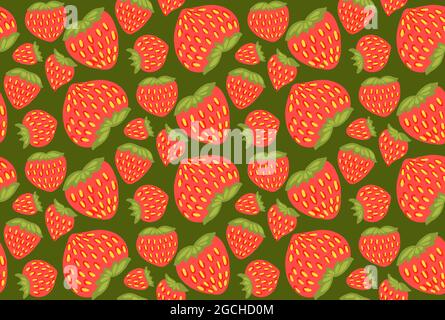 Nahtloses Muster mit saftigen Erdbeerbeeren auf grünem Hintergrund. Sommer flache Textur mit handgezeichneten Cartoon Food. Naturtapete mit Früchten Stock Vektor
