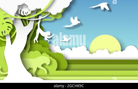 Dschungel Regenwald Landschaft und wilde Tiere Silhouetten, Vektor Papier Schnitt Illustration. Speichern, entdecken Sie die Natur der Tierwelt. Stock Vektor