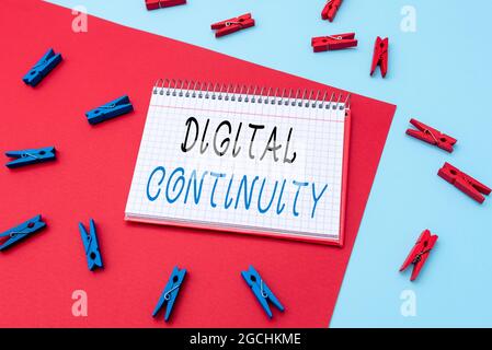 Handschrift Text Digital Continuity. Geschäftsansatz Fähigkeit, die digitalen Informationen eines Schöpfers zu pflegen, der wichtige Notizen darstellt Stockfoto