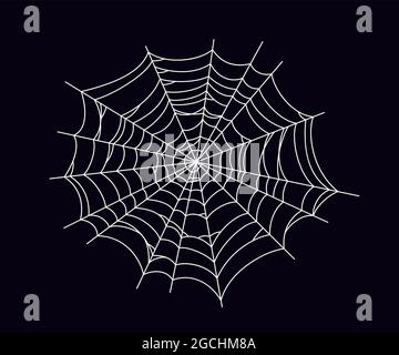Rundes, unheimliches Spinnennetz. Weiße Spinnweben Silhouette isoliert auf schwarzem Hintergrund. Handgezeichnetes Spinnennetz für Halloween-Party. Vektorgrafik Stock Vektor