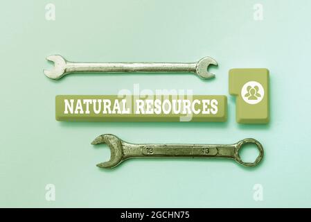 Schreiben Anzeige Text natürliche Ressourcen. Wort für Materialien, die in der Natur vorkommen und für wirtschaftlichen Gewinn verwendet Verbindung mit Online-Freunden, machen Stockfoto