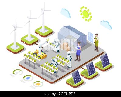 Smart organic Farming, Vektor-isometrische Infografik. KI-Technologien, Automatisierung, saubere Energie in der Agrarindustrie. Stock Vektor