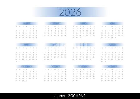 2026 Taschenkalender-Schablone im streng minimalistischen Stil mit blauen Farbverläufen, horizontales Format. Die Woche beginnt am Sonntag. Stock Vektor