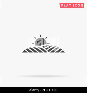 Feld mit Sonne, Symbol für flache Landschaftsdarstellung bei Sonnenaufgang. Handgezeichnete Design-Illustrationen. Stock Vektor